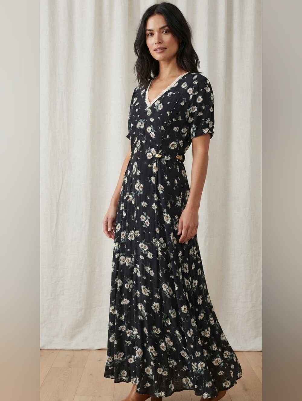 Vintage Floral Black Maxi Dress w/ Waist Cinch Clips Size 14 Like New